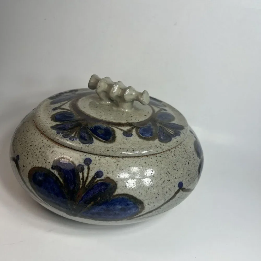 Vintage Studio Art Pottery Stoneware w Lid Blue Purple Speckled Brown Signed 9”